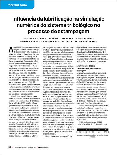 Influência da lubrificação na simulação numérica do sistema tribológico no processo de estampagem (PDF 794 KB)